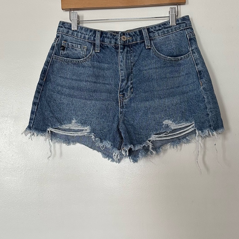 Kancan Frayed Distressed Denim Shorts Size 28 Boho Festival Medium Wash Cut Off